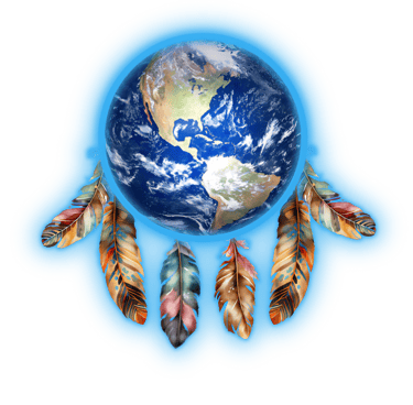 Mother Earth in the sacred hoop with six colorful feathers