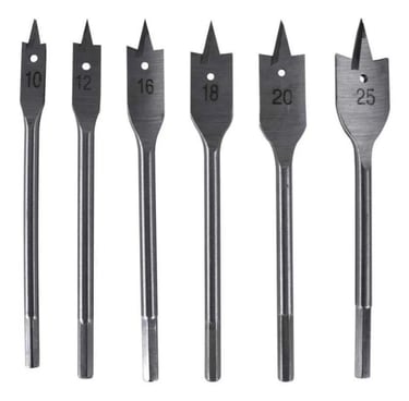 Six piece flat wood spade drill bit set in sizes 10 to 25mm for woodworking.