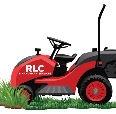 Ryan's Lawncare and handyman services logo. Red and black cartoon ride on lawnmower