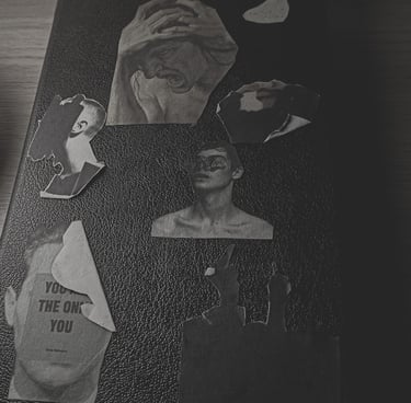 Collage surrealista en blanco y negro sobre cuaderno negro.