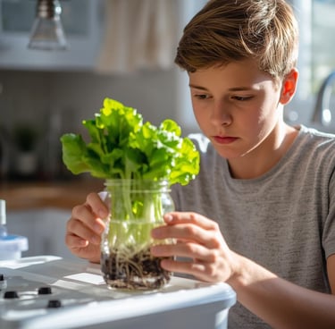 Young kids growing leafty plant in simple hydroponic glass jar
