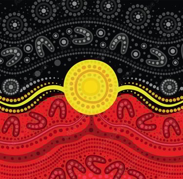 a red and black background with a sun and a yellow sun