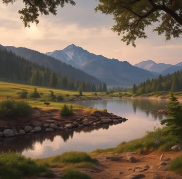 A small outdoor market stall is set up in front of a rustic two-story house with a tiled roof and wooden accents. Various colorful trinkets and goods are displayed on tables. A large green recycling bin is situated to the right. The bright blue sky is visible above.