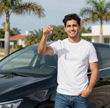 Smiling young man standing next to his new car, keys in hand, with a sunny Florida backdrop.