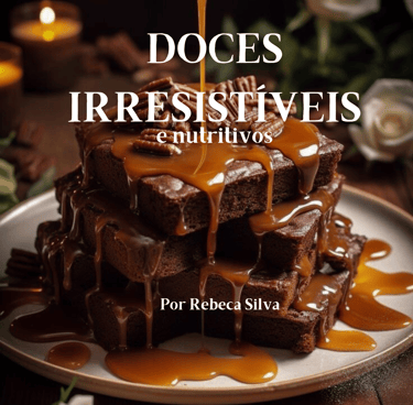 Capa do e-book "Doces Irresistíveis e Nutritivos" com brownies cobertos por calda de caramelo