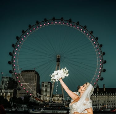 a bride is posing for a photo on a boat with London Eye, London in background