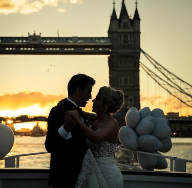 Sunset wedding couple near Tower Bridge London