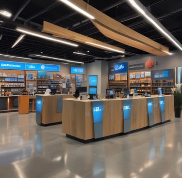 A modern office setting with a professional reviewing documents on a laptop.