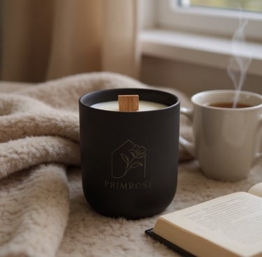 Black scented candle in matte vessel on bedside table