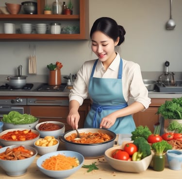 A Korean bibimbap dish is presented in a metal bowl on a wooden board. It contains colorful ingredients such as sliced carrots, bean sprouts, chopped greens, minced beef, and a raw egg yolk in the center. The table setting includes traditional Korean side dishes and a dish containing a red sauce.