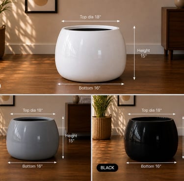 Round glossy frp planters in white, grey, and black with dimensions for modern home decor.
