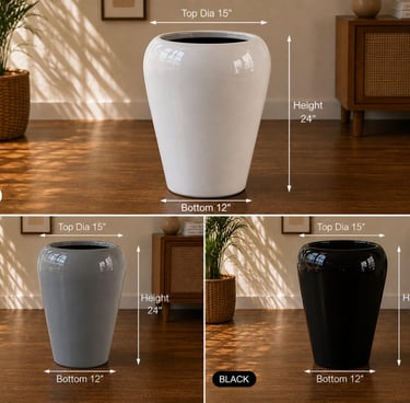 White, grey, and black frp tapered planters with dimensions shown in a modern living room.