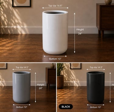Tall cylindrical indoor frp pots in white, grey, and black with labeled dimensions on wood floors.