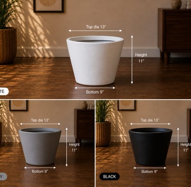 White, grey, and black modern tapered round planters with dimensions for indoor home decor.