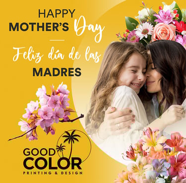 Madre abrazando a su hija sobre fondo amarillo y flores