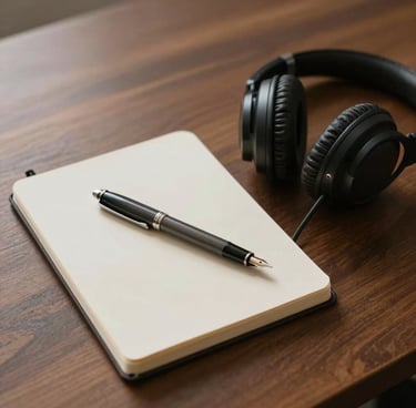 A high-angle photograph of a minimalist wooden desk. A charcoal fountain pen rests on an open notebook next to a set of professional headphones. Soft, warm lighting creates a personal and inviting atmosphere. International / Western setting. Colors: dark brown and tan.