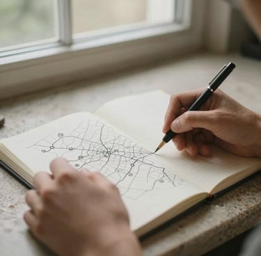 A close-up of hands sketching a local map layout in a physical notebook on a stone countertop, warm morning window light, shallow depth of field.