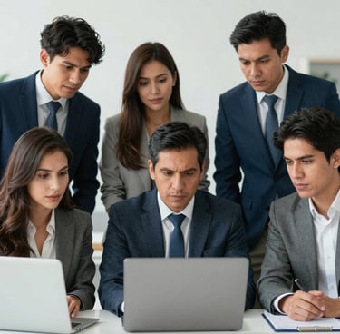 Professional team discussing financial documents in a modern office setting.