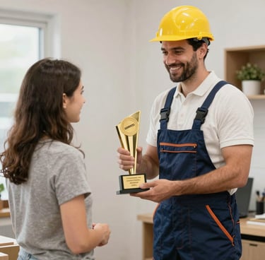 Smiling handyman repairing a kitchen sink with tools in hand.