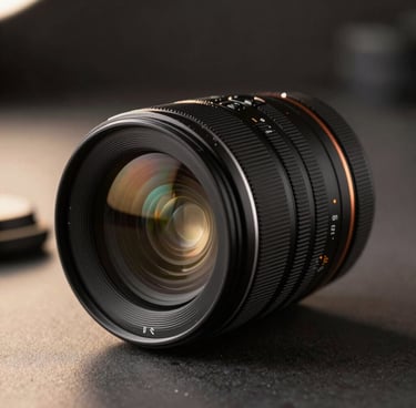 Close-up of a high-end camera lens on a dark table, reflecting soft gold light, professional and sophisticated atmosphere in a Spanish studio.