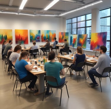 An art studio filled with several people engaged in drawing or painting portraits. Easels with various portrait sketches and paintings are scattered throughout the room. The atmosphere is busy and artistic, with numerous portraits displayed on the walls and on easels.