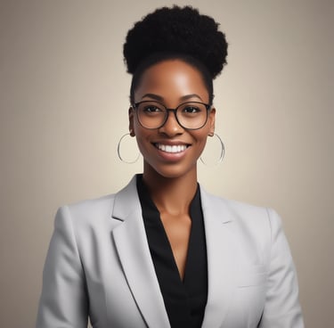 Four women dressed in professional attire are gathered outdoors at a round table. Three of them are standing behind while one is sitting in front holding a tablet. They are all smiling and appear to be enjoying their time together. The background consists of greenery and trees, and the scene seems to be set in a garden or park.