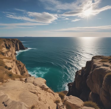 A large villa with yellow and terracotta tones sits alongside a clear, turquoise body of water. The multi-story building has various arches, balconies, and terraces, surrounded by lush green hills. People can be seen engaging in water activities, including a small boat near the villa. A smaller building with a tower is visible in the background amidst the greenery.