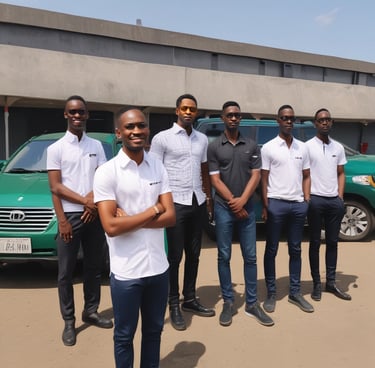 A diverse group of professionals wearing matching uniforms in a team setting.