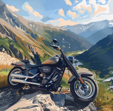 Eine Illustration von einem Motorrad, das vor einem Tal parkiert steht