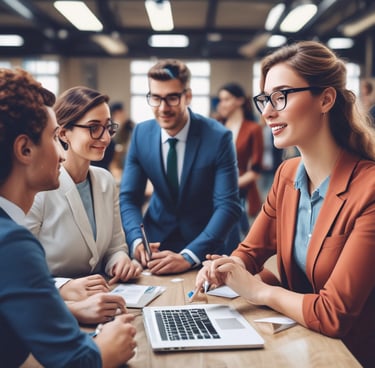 A metallic robotic hand and a human hand point towards each other at the center. Between them, there is a stylized, crystal-like representation of the letters 'AI'. The background is a gradient of orange shades.