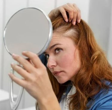 woman looking in mirror losing hair