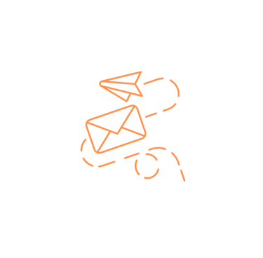 Ícono naranja de un sobre y un avión de papel con línea discontinua, simbolizando envío de correos 