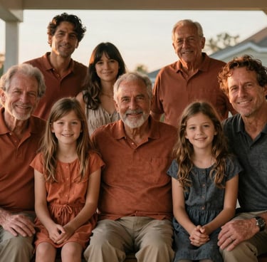 Cinematic lifestyle portrait of a multi-generational family sitting together on a North American porch, sunset light filtering through, Terracotta and Charcoal clothing colors, warm and inviting atmosphere.