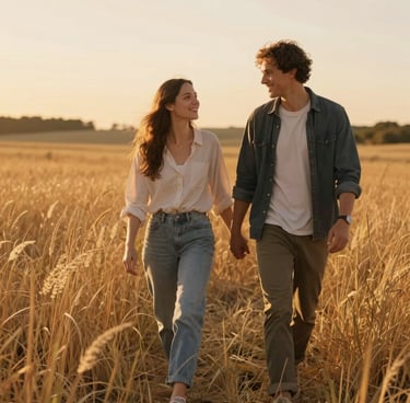 Cinematic lifestyle photography of a young couple walking through a golden North American meadow at sunset, Soft Sand colored tall grass, warm sun-drenched glow, natural candid interaction, shallow depth of field.