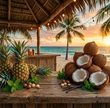 Whole and halved coconuts on a wooden tiki bar at sunset, surrounded by pineapples, vanilla beans, and fresh mint leaves.