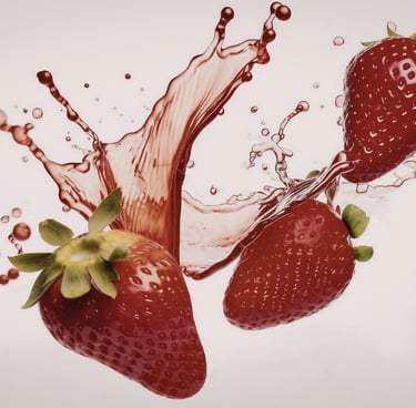 Three ripe red strawberries splash dramatically into a wave of red juice against a clean, light background.