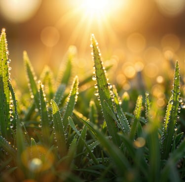 Sparkling dew drops cling to vibrant green blades of grass, illuminated by the warm glow of a morning sunrise.