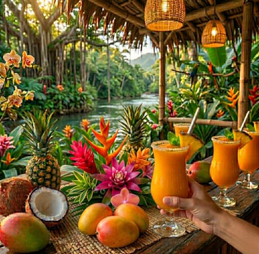 A hand holding a tropical orange cocktail under a thatched hut with lush green jungle scenery behind.
