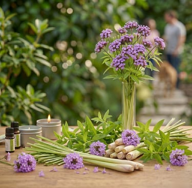 Bundles of fresh lemongrass and purple flowers arranged beautifully on a wooden table with essential oils.