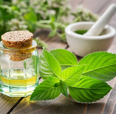 Fresh green mint leaves next to an oil dropper bottle, with a white mortar and pestle in the soft background.