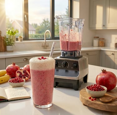 A close-up of a creamy pink smoothie in a glass topped with fresh, vibrant red pomegranate seeds.
