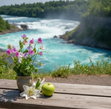 Pink flowers, a white lily, and a green apple on a wooden railing overlooking a rushing turquoise river whirlpool