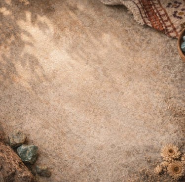 Disposición plana de cristales, flores secas y madera a la deriva sobre una superficie de piedra