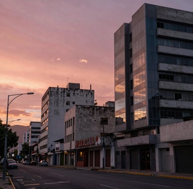 A wide-angle photography shot of a contemporary urban street in Maracay, Venezuela at sunset. The sky is filled with soft rosewood and salmon pink hues. The architecture reflects a South American city vibe with a sophisticated, moody atmosphere.