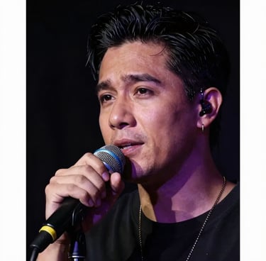 A professional studio portrait of a male singer with a microphone, captured with dramatic lighting. The background is a deep black, with soft mauve purple highlights on his face, evoking a contemporary and emotional South American vibe.