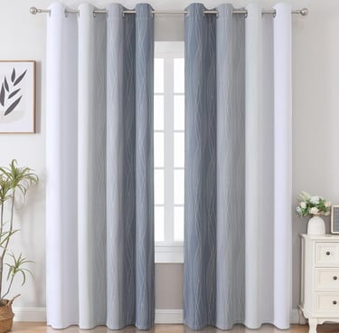 Modern grey and white gradient blackout curtains with a wavy line pattern hanging on a silver rod.
