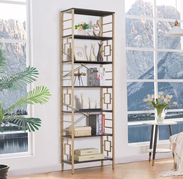 Modern tall gold metal frame bookshelf with black wood shelves featuring decorative home decor items.