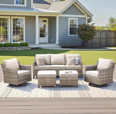 Modern 6-piece wicker patio furniture set with swivel chairs, sofa, and ottomans on a backyard deck.