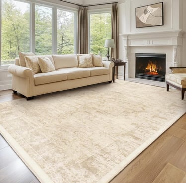 Elegant cream area rug in a modern living room with a fireplace, beige sofa, and large windows.
