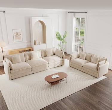 Modern living room with a beige modular sectional sofa, matching loveseat, and oval coffee table on a white rug.